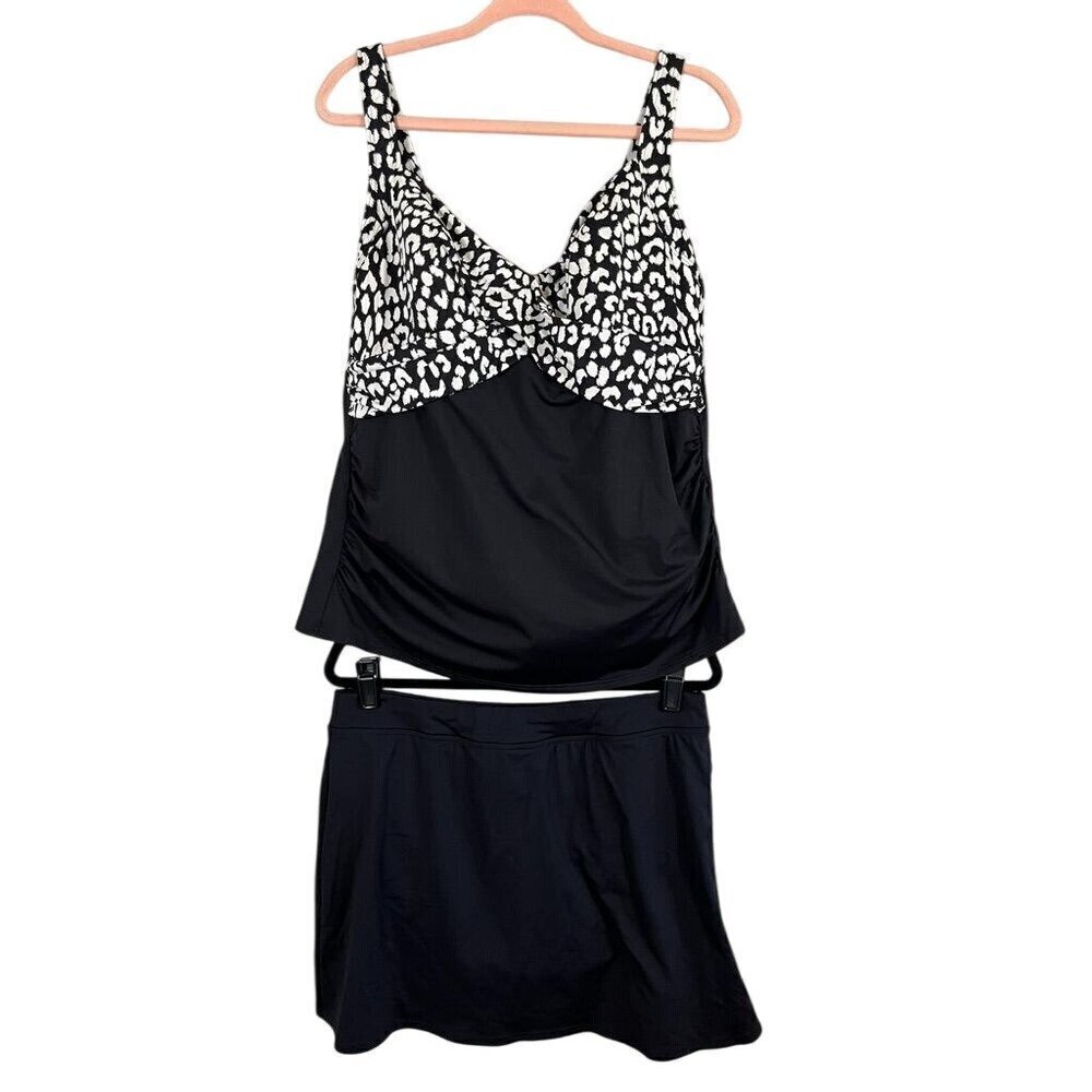 Lands End Tankini Swim 16W Black Animal Print Neutral Travel Summer Beach